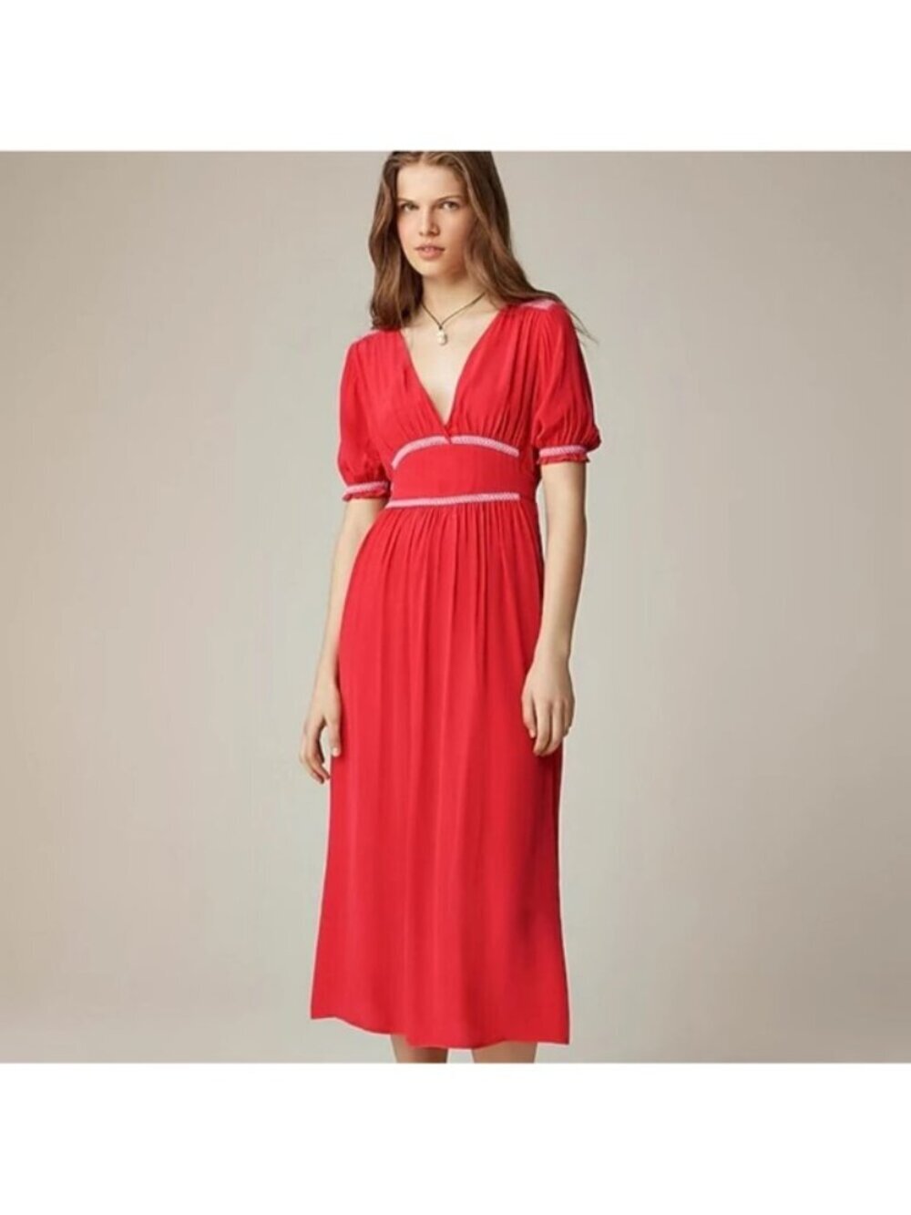 J.Crew Smocked Midi Dress 8 Crepe de Chine Red Peasant Prairie Milkmaid Preppy - Picture 3 of 13